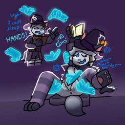 anthro bodily_fluids book clothing disembodied_hand female fingering genital_fluids ghost_hand hands_everywhere hat headgear headwear magic_user simple_background solo spellbook vaginal_fluids witch witch_costume witch_hat connorsconnor conley hybrid 1:1 colored hi_res shaded