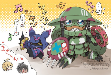 anthro armor blush claws cloak clothing cowl eyewear goggles group headgear helmet male musical_instrument percussion_instrument sharp_teeth tambourine teeth wings fucoidance bandai_namco digimon granit_(digimon_beatbreak) makoto_kuonji chiropmon digimon_(species) human ludomon mammal