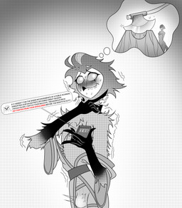 4_eyes angry anthro aroused aroused_face axe bathrobe beak blush bodily_fluids bulge chopping_block clothing cross-popping_vein electronics female holding_object holding_phone imagination male multi_eye neck_grab phone robe shaking shivering simple_background speech_bubble sweat text underwear anonymous_artist hellaverse helluva_boss stella_(helluva_boss) stolas_(helluva_boss) avian avian_demon bird humanoid owl owl_demon absurd_res halftone hi_res monochrome