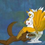 1:1 anthro badwing breasts canid canine dominant dominant_female duo feces female fox hi_res kinne mammal multi_tail nipples nude pooping scat scatplay tail toilet
