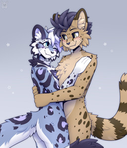 anthro black_eyebrows black_nose black_spots blue_body blue_eyes blue_fur blush brown_spots butt cheek_tuft chest_tuft claws duo eye_contact eyebrows facial_tuft fur grey_hair hair hug inner_ear_fluff looking_at_another male male/male markings multicolored_body multicolored_fur nude one_eye_closed purple_markings short_hair simple_background size_difference smile smiling_at_another smiling_at_each_other spots spotted_body spotted_fur tail tan_body tan_fur tuft white_hair white_markings yellow_eyes fleurfurr cheetah felid feline mammal pantherine snow_leopard colored digital_drawing_(artwork) digital_media_(artwork) hi_res shaded