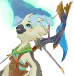 anthro armor beak black_beak blue_eyes feathers great_eagle_bow headpat leather leather_armor looking_up male smile solo white_body white_feathers wings young young_anthro young_male sheep_riritoto breath_of_the_wild nintendo tears_of_the_kingdom the_legend_of_zelda revali tulin_(tloz) avian rito