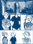 2018 anthro blue_and_white canid canine canis chair clothed clothing comic conditional_dnp crate duo eyewear female fur furniture glasses hair human keidran male mammal monochrome roselyn_(twokinds) sketch smile table tom_fischbach trace_legacy twokinds window wolf