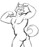 anthro butt clenched eyes_closed facial_hair fist flexing_muscles male mustache open_mouth simple_background smile solo teeth_showing white_background thegreatmatsutzu canid canine mammal black_and_white monochrome sketch