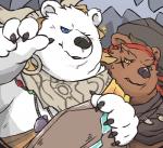 anthro blue_eyes brown_body brown_fur duo fur male one_eye_closed overweight overweight_male white_body white_fur wink yellow_eyes waniharu sdorica crushfang_(sdorica_sunset) razorclaw_(sdorica_sunset) bear mammal polar_bear ursine 2018