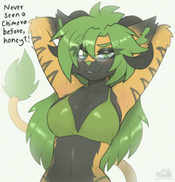 anthro black_body bra clothing eyewear female glasses green_eyes green_hair hair horn stripes underwear yellow_body shaboo sharrlet canid canine chimera mammal