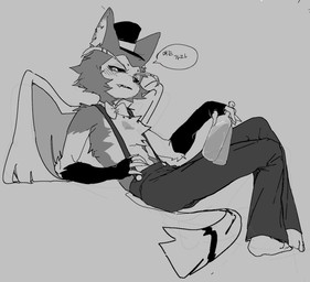 anthro barefoot biped bodily_fluids bottomwear clothing dialogue eyebrows feet fur gloves handwear hat headgear headwear male open_mouth pants pupils solo sweat teeth text three-quarter_view wings meckmeck00124 hazbin_hotel hellaverse husk_(hazbin_hotel) domestic_cat felid feline felis mammal hi_res