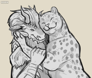 ambiguous_feral ambiguous_gender anthro cheek_spikes closed_smile duo eyes_closed facial_spikes facial_spots female female_anthro feral horn hug mouth_closed side_view simple_background smile spikes spikes_(anatomy) spotted_back spotted_face spotted_legs roobin mythology dragon felid mammal mythological_creature mythological_scalie scalie hi_res monochrome