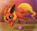 2021 acting_like_a_dog ambiguous_gender ball daww eevee eeveelution eyebrows feral fire flaming_tail flareon fur generation_1_pokemon grass hi_res hybrid motion_lines motion_outline motion_path multicolored_body multicolored_fur neck_tuft nintendo object_motion_path open_mouth otakuap outside path_lines paws plant playing pokemon pokemon_(species) red_body red_fur ricochet rock solo tail tree tuft yellow_body yellow_fur