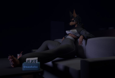 ear_piercing ear_ring female furniture piercing ring_piercing sofa solo sportswear doya zhenash canid canine canis dobermann domestic_dog mammal pinscher 3d_(artwork) blender_(artwork) digital_media_(artwork) hi_res