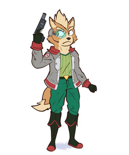 anthro belt black_belt black_boots black_clothing black_footwear black_gloves black_gun black_handwear black_nose boots clothed clothing eyebrows footwear fully_clothed fur gloves green_clothing green_eyes green_shirt green_topwear grey_clothing grey_jacket grey_topwear gun handwear holding_gun holding_object holding_ranged_weapon holding_weapon jacket male orange_body orange_fur pattern_clothing pattern_shirt pattern_topwear ranged_weapon red_boots red_clothing red_footwear shirt shoes simple_background solo striped_clothing striped_shirt striped_topwear stripes tan_body tan_fur thick_eyebrows topwear visor weapon white_background ursanity nintendo star_fox fox_mccloud canid canine fox mammal hi_res