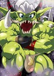 biceps blue_eyes bulge detailed_bulge ear_piercing genital_outline genitals green_body green_skin hair horn male muscular muscular_humanoid muscular_male muscular_thighs nipples penis penis_outline piercing pointy_ears solo triceps vein veiny_muscles white_hair logan_sato bandai_namco digimon digimon_(species) humanoid ogre ogremon absurd_res hi_res