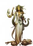 clothing duo female jewelry living_hair monster_girl_(genre) pseudo_hair robe sculpture simple_background snake_hair statue weapon white_background unknown_artist european_mythology greek_mythology mythology paizo pathfinder medusa gorgon humanoid reptile scalie snake official_art