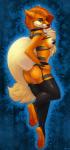 2016 5_fingers abstract_background anthro anthrofied big_breasts biped black_body black_fur black_nose blue_eyes breasts butt canid canine chest_tuft clothing collar digitigrade ears_back eyebrows eyelashes female fingers footwear full-length_portrait fur generation_1_pokemon growlithe hair hand_on_hip hi_res humanoid_hands inner_ear_fluff kyma legwear looking_at_viewer mammal multicolored_body multicolored_fur nintendo nipple_tape orange_body orange_fur orange_hair pasties pawpads pinup pivoted_ears pokemon pokemon_(species) pokemorph portrait pose raised_tail side_boob side_view signature smile snout socks solo standing stockings tail tape tuft white_body white_fur