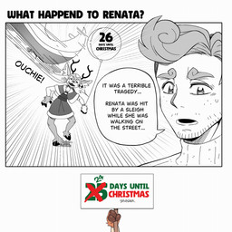 anthro antlers balloon clothing dialogue duo eyes_closed female holidays horn inflatable inner_ear_fluff male open_mouth pain sign sleigh text text_on_balloon tuft drawligator christmas renata_(drawligator) deer human mammal new_world_deer 1:1 2025 colored comic english_text hi_res monochrome one_panel_comic