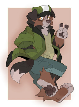 5_fingers 5_toes ambiguous_gender anthro barefoot black_tail brown_body brown_fur clothed clothed_ambiguous clothed_anthro clothing dog_ears feet fingers fully_clothed fully_clothed_ambiguous fully_clothed_anthro fur green_clothing green_jacket green_shirt green_t-shirt green_topwear hat headgear headwear jacket pawpads shirt solo t-shirt tail toes topwear white_body white_fur brokesgone brokesgone_(brokesgone) canid canine canis domestic_dog mammal 2024 digital_drawing_(artwork) digital_media_(artwork) hi_res male_(lore)