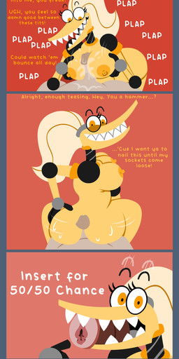 breast_play breasts clothing duo fangs female for_a_head hair hot_dogging machine male male/female orange_eyes penetrable_sex_toy penetrable_sex_toy_in_mouth ponytail sex sex_toy shirt sound_effects tank_top teeth text titfuck topwear yellow_body shane_frost human humanoid mammal object_head robot absurd_res comic english_text hi_res