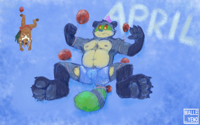 anthro balloon blue_body blue_hair clothing dipped_ears ear_piercing ear_tuft facial_markings feet foot_focus gloves_(marking) hair hat head_markings headgear headwear inflatable leg_markings markings mask_(marking) orange_eyes party_hat pawpads paws piercing socks_(marking) striped_markings striped_tail stripes swimming_trunks swimwear tail tail_markings tuft malle_yeno villam_(randsom) canid canine canis mammal procyonid raccoon raccoon_dog wolf 16:10 widescreen