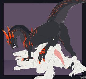 all_fours anal anal_penetration animal_genitalia anthro climbing_on doggystyle duo erection eyeless fangs feral from_behind_position fur genital_slit genitals looking_at_another looking_at_partner looking_down male male/male male_penetrated male_penetrating male_penetrating_male nude open_mouth penetration penis pinned sex step_pose step_position tail tapering_penis teeth tongue tongue_out cannibalistic_tendencies mythology ashkor athyn dinosaur dragon dromaeosaurid karo-amu mythological_creature mythological_scalie prehistoric_species reptile scalie theropod velociraptor 2018 absurd_res hi_res signature