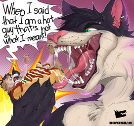 anthro anthro_pred anthro_prey black_body black_fur bodily_fluids brown_body brown_fur dialogue drooling duo eating eating_food fangs fingers food fur hair holding_food holding_object hot_dog hungry larger_anthro macro macro_anthro macro_male male male/male male_anthro male_pred male_prey micro micro_anthro micro_male mouth_shot nude nude_male open_mouth oral_vore paws predator/prey saliva saliva_string simple_background size_difference smaller_male speech_bubble tail teeth text tongue tongue_out vore vore_implied wordplay worried worried_face worried_look borisban kotarocat canid canine canis domestic_cat domestic_dog felid feline felis mammal digital_media_(artwork) english_text hi_res meme