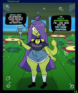 anthro big_breasts big_butt black_eyes blurred_background bottomwear breasts buckteeth butt clothing collar collar_tag employee eyelashes fast_food_employee fast_food_restaurant female footwear green_body green_skin hair hair_over_eye headgear headwear long_hair looking_at_viewer midriff multicolored_body non-mammal_breasts one_eye_obstructed open_mouth panties purple_hair shirt shoes shorts socks solo spatula talking_to_viewer teeth text the_krusty_krab tools topwear underwear wide_hips somescrub nickelodeon spongebob_squarepants eelie_applebottom fan_character aquatic eel fish absurd_res english_text hi_res