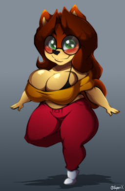anthro big_breasts biped black_nose blush breasts brown_hair chibi cleavage clothed clothing female glistening glistening_breasts glistening_eyes green_eyes hair looking_at_viewer on_one_leg shortstack shortstack_female simple_background smile solo standing thick_thighs superix superia canid canine canis domestic_dog mammal 2019 absurd_res digital_media_(artwork) full-length_portrait hi_res portrait shaded signature