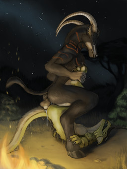 3_toes anal anal_penetration anthro anthro_on_anthro anthro_penetrated anthro_penetrating anthro_penetrating_anthro anthro_penetrating_male anus armor backsack balls balls_deep big_dom_small_sub black_body black_fur bodily_fluids brown_body brown_fur butt campfire claws cum cum_in_ass cum_inside detailed_background dominant duo ear_piercing enjoying erection eyes_closed feet fire from_front_position fur genital_fluids genitals grabbing grass green_body grey_genitals hooves horn interspecies leg_grab legs_up looking_pleasured lying male male/male male_anthro male_on_anthro male_penetrated male_penetrating male_penetrating_anthro male_penetrating_male night nude on_back open_mouth orgasm outside paws penetration penile penile_penetration penis piercing piledriver_position plant scales sex size_difference sky smile star starry_sky tail teeth toe_claws toes tree unguligrade white_body white_fur white_genitals yellow_body reku_illustration mythology bovid caprine dragon furred_dragon furred_scalie goat kobold mammal mythological_creature mythological_scalie scalie 3:4 absurd_res detailed digital_media_(artwork) hi_res