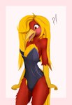 anthro beak clothing embarrassed feathers hair leotard long_hair long_tail male red_body red_feathers tail yellow_beak yellow_body yellow_feathers catcake5 glori_gamebird avian bird chrysolophus galliform golden_pheasant phasianid absurd_res hi_res