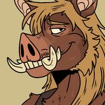 anthro beard blonde_beard blonde_facial_hair blonde_hair blonde_sideburns brown_body brown_ears brown_fur facial_hair fur hair male narrowed_eyes sideburns simple_background smile solo tan_teeth teeth tusks imperatorcaesar mammal suid suina 1:1 low_res