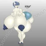 anthro bent_over big_breasts big_butt blue_hair bottomwear breasts butt clothing curvy_figure female hair huge_breasts huge_butt hyper nipples solo thick_thighs voluptuous luaky bovid caprine goat mammal 1:1 colored hi_res