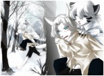 anthro blush carrying_another close-up clothing detailed_background duo forest fur hair half-closed_eyes male narrowed_eyes outside piggyback plant snow tail torn_clothing tree white_body white_fur white_hair wood kubikitsune canid canine canis felid jackal mammal pantherine tiger