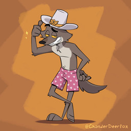 anthro boxers_(clothing) boxers_only clothed clothing cowboy_hat cowboy_hat_only floating_eyebrows hat headgear headgear_only headwear headwear_only heart_boxers heart_clothing heart_symbol heart_underwear male mostly_nude pink_boxers pink_clothing pink_underwear smile solo tail topless topless_male underwear underwear_only white_clothing white_hat white_headwear chanderdeerfox dreamworks the_bad_guys mr._wolf_(the_bad_guys) canid canine canis mammal wolf 1:1 hi_res
