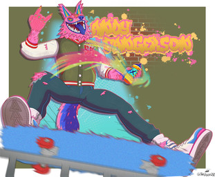anthro blue_body blue_fur blue_lips blue_nose blue_tongue border bottomwear brick_wall clothing denim denim_bottomwear denim_clothing devil_horns_(gesture) footwear fur gesture graffiti graffiti_on_wall green_background hand_gesture holding_object holding_spray_can jacket jeans letterman_jacket lips male motion_blur open_mouth paint pants pinata pink_body pink_fur railing red_sclera ruff shoes simple_background skateboard skateboard_trick skateboarding solo spray_paint spray_paint_can tail teeth tongue tongue_out topwear torn_bottomwear torn_clothing torn_jacket torn_jeans torn_pants torn_topwear vehicle wall_(structure) white_border yellow_eyes thedoge28 epic_games fortnite andy_fangerson alebrije animate_inanimate canid canine canis living_pinata mammal wolf 2024 hi_res signature