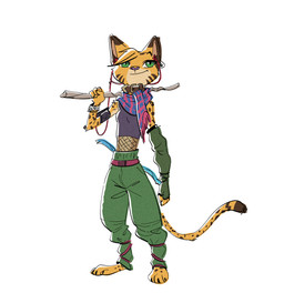 3_toes anthro arm_warmers armband armwear arnis barefoot bottomwear bracelet clothing collar cropped_tank_top ear_piercing ear_ring facial_markings feet female fingerless_gloves fishnet_clothing fur gloves green_eyes handwear head_markings head_tuft holding_object holding_weapon jewelry long_tail looking_up markings pants piercing pointy_ears pupils ring_piercing scarf simple_background slit_pupils smile solo spots spotted_body spotted_fur striped_markings stripes tail toes tuft weapon yellow_body yellow_fur ruffu pepper_in_the_sandbox pepper_(ruffu) felid feline mammal serval digital_drawing_(artwork) digital_media_(artwork)