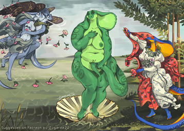 anthro big_breasts bivalve_shell blue_body blue_scales breasts clothed clothing convenient_censorship detailed_background female green_body green_scales group mature_anthro mature_female medium_breasts mollusk_shell multicolored_body multicolored_scales navel nipples non-mammal_breasts non-mammal_navel non-mammal_nipples nude overweight overweight_anthro overweight_female scales shell thick_thighs two_tone_body two_tone_scales wide_hips yellow_body yellow_scales zummeng birth_of_venus jade_(zummeng) mercur_(zummeng) mercury_(zummeng) zaphira_(zummeng) cobra reptile scalie snake hi_res inspired_by_formal_art sibling_(lore) sister_(lore) sisters_(lore) twins_(lore)