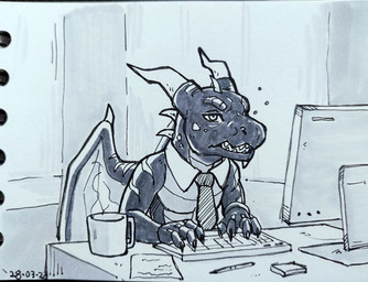 anthro at_work beverage coffee coffee_mug computer computer_keyboard container cup desk electronics furniture groggy horn hot_beverage male membrane_(anatomy) membranous_wings monitor mug necktie pen solo table wings cleiarkent european_mythology mythology dragon mythological_creature mythological_scalie scalie western_dragon 2023 hi_res traditional_media_(artwork)