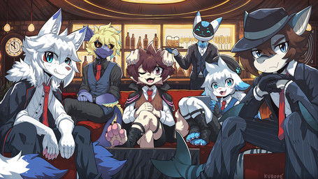 5_fingers anthro biped blonde_hair brown_hair claws clothed clothing dipstick_ears dipstick_tail ear_markings fin fingers floppy_ears fur group hair hat headgear headwear inner_ear_fluff kemono machine male markings multicolored_ears necktie one_eye_closed open_mouth open_smile pawpads pink_pawpads smile tail tail_fin tail_markings tuft white_body white_fur white_hair penguinexperience mythology aiden_(penguinexperience) ladon_(character) aquatic canid canine canis domestic_dog dragon fish fox mammal mythological_creature mythological_scalie robot scalie shark 16:9 hi_res widescreen