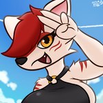 4_fingers anthro big_breasts breasts cloud female fingers hair red_hair sky solo teeth tongue white_body yellow_eyes arturfox chara_senko_yukimoto canid canine fox mammal 1:1