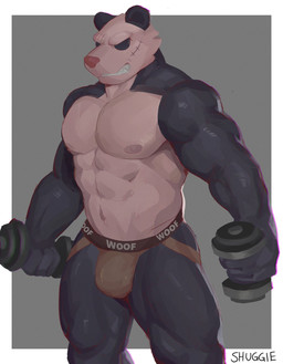 abs anthro barazoku black_body black_fur black_sclera border bulge clenched_teeth clothing dumbbell exercise fur grey_background jockstrap male multicolored_body multicolored_fur muscular muscular_anthro muscular_male narrowed_eyes navel nipples pecs quads scar simple_background solo standing teeth two_tone_body two_tone_fur underwear weightlifting weights white_body white_border white_fur workout shugggie beastars gouhin_(beastars) bear giant_panda mammal 2020 hi_res
