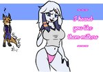 anthro clothed clothing duo female fur looking_at_viewer panties pink_clothing pink_panties pink_underwear simple_background smile text tight_clothing topwear underwear novaarts krisha_russel bovid canid canine caprine fox mammal sheep digital_media_(artwork)