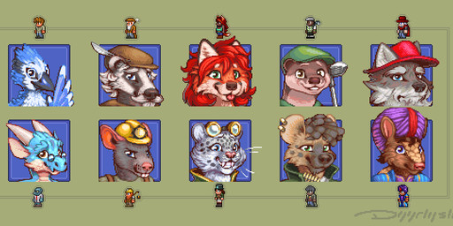 alternate_species ambiguous_gender anthro armor beak black_beak black_body black_fur black_nose blep blue_body blue_eyes blue_feathers blue_scales brown_body brown_clothing brown_eyes brown_fur brown_hat brown_headwear brown_nose buckteeth clothing dreadlocks ear_piercing ear_ring eyewear eyewear_on_head fangs feather_hands feathers female fur furrification glasses goggles goggles_on_head green_clothing green_eyes green_hat green_headwear grey_body grey_fur grin hair hard_hat hat headgear headwear helmet horn long_hair male orange_body orange_fur piercing pince-nez pink_nose pink_tongue red_clothing red_hair red_hat red_headwear religious_clothing religious_headwear ring_piercing round_glasses scales short_hair small_glasses smile teeth tongue tongue_out turban wearing_glasses whiskers white_body white_fur white_horn white_whiskers dyyrlysh mythology terraria arms_dealer_(terraria) clothier_(terraria) demolitionist_(terraria) dye_trader_(terraria) goblin_tinkerer_(terraria) golfer_(terraria) merchant_(terraria) steampunker_(terraria) the_guide_(terraria) zoologist_(terraria) armadillo avian badger bird blue_jay canid canine canis corvid dragon european_badger felid fox hyena jay_(bird) mammal meles murid murine mustelid musteline mythological_creature mythological_scalie new_world_jay oscine otter pantherine passerine rat red_fox river_otter rodent scalie snow_leopard spotted_hyena true_fox wolf xenarthran 2026 digital_media_(artwork) headshot_portrait pixel_(artwork) portrait shaded