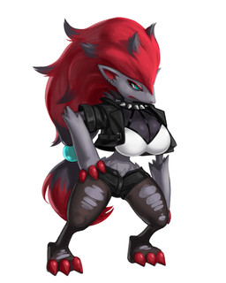 3_claws alternative_fashion anthro anthrofied bent_arm bent_legs big_breasts biped black_bottomwear black_clothing black_jacket black_pants black_shorts black_topwear bottomwear breasts button_(fastener) claw_fingers claw_toes claws cleavage clothed clothed_anthro clothed_female clothing collar cropped_jacket ear_piercing eyelashes facial_markings female female_anthro fully_clothed fully_clothed_anthro fully_clothed_female fur fur_tuft grey_body grey_ears grey_fur grey_hair grey_highlights hair hand_on_hip head_markings highlights_(coloring) hotpants jacket legwear markings midriff minishorts mouth_closed pants pantyhose piercing pokemorph punk pupils red_claws red_hair red_inner_ear shorts simple_background small_waist solo spiked_collar spikes standing teal_eyes thick_thighs three-quarter_view topwear torn_clothing torn_legwear torn_pantyhose tuft unbuttoned wasp_waist white_background white_clothing white_sclera white_topwear wide_hips kujalla nintendo pokemon generation_5_pokemon pokemon_(species) zoroark 2025 digital_media_(artwork) full-length_portrait hi_res portrait shaded soft_shading