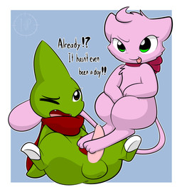 3_toes anthro anthro_on_anthro anus balls brown_eyes butt duo erection exclamation_point feet female female_anthro foot_fetish foot_play footjob genitals green_body green_eyes green_skin interrobang male male/female male_anthro one_eye_closed open_mouth penile penis question_mark sex simple_background tail text toes tongue tongue_out two-footed_footjob 1upgobbo nintendo pokemon ashley_(1upgobbo) jay_(1upgobbo) generation_1_pokemon generation_2_pokemon larvitar legendary_pokemon mew_(pokemon) pokemon_(species) 2015 digital_media_(artwork) english_text hi_res