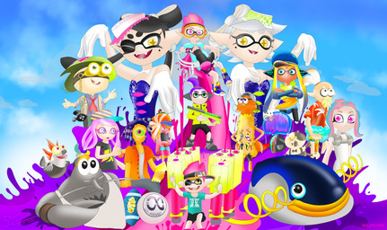 anthro ball balloon black_eyes blue_eyes clothing cloud coat electronics eyelashes eyewear fangs feet footwear glasses gloves goggles green_eyes group handwear hat headgear headphones headwear inflatable ink not_furry open_mouth phone pink_eyes purple_eyes red_eyes shoes sky skyscape smile smiling_at_viewer teeth topwear viewers weapon yellow_eyes giga_larry nintendo splatoon agent_3_(splatoon) agent_4_(splatoon) callie_(splatoon) harmony_(splatoon) marie_(splatoon) squid_sisters_(splatoon) aquatic arthropod bivalve cephalopod clam cnidarian coleoid crab crustacean decapod decapodiform felid fish inkling jellyfish malacostracan mammal medusozoan mollusk salmonid_(splatoon) shrimp smallfry_(splatoon) squid absurd_res hi_res signature watermark