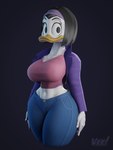 accessory anthro big_breasts black_hair bottomwear breasts clothing crop_top denim denim_bottomwear denim_clothing female hair hair_accessory hairband jacket jeans pants pink_clothing purple_clothing shirt simple_background solo thick_thighs topwear veein3d disney kay_k anatid anseriform avian bird duck 3:4 3d_(artwork) absurd_res digital_media_(artwork) hi_res portrait three-quarter_portrait