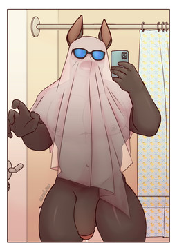 anthro bathroom bedding big_penis blanket border clothing costume detailed_background eyewear genitals male male_anthro muscular nipple_piercing nipples nude penis piercing selfie solo sunglasses translucent white_border marsh_bunn canid canine canis dobermann domestic_dog mammal pinscher 2024 absurd_res hi_res portrait three-quarter_portrait