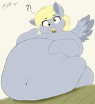 belly big_belly blush chubby_cheeks derp_eyes eating eyebrows female floppy_ears food furniture hooves huge_belly inner_ear_fluff looking_at_viewer muffin obese obese_female overweight overweight_female raised_eyebrows raised_hoof simple_background solo surprise table tuft wings astrum_(artist) friendship_is_magic hasbro my_little_pony mythology derpy_hooves_(mlp) equid equine horse mammal mythological_creature mythological_equine pegasus pony 2024 absurd_res digital_media_(artwork) hi_res