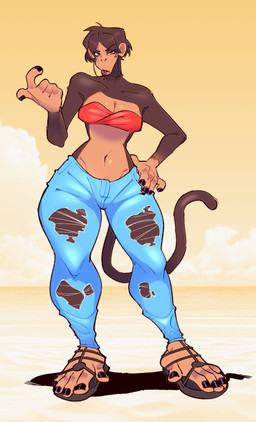 5_fingers 5_toes abstract_background anthro bandeau bare_shoulders beckoning black_nails bottomwear breasts brown_body brown_eyes brown_fur brown_hair choker cleavage clothed clothing colored_nails facial_piercing feet female fingers footwear fur gesture hair hand_on_hip jewelry lip_piercing lips looking_at_viewer medium_breasts midriff nails navel necklace pants piercing prehensile_feet sandals shoes simple_background solo standing tail thick_bottom_lip thick_thighs toes topwear torn_bottomwear torn_clothing torn_pants wide_hips yellow_background kardboardian vanessa_(redustheriotact) haplorhine mammal monkey primate 2024 hi_res