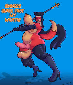 animal_genitalia animal_penis anthro balls belly big_balls big_breasts big_penis blue_background boots breasts canine_genitalia canine_penis clothed clothing cross footwear fur genitals gloves gynomorph handwear headgear headwear huge_balls huge_breasts intersex knot legwear mostly_nude mostly_nude_anthro mostly_nude_gynomorph mostly_nude_intersex navel nipples nun overweight overweight_anthro overweight_gynomorph overweight_intersex penis red_body red_fur saggy_balls shoes simple_background solo staff tail tail_motion tailwag text thick_thighs thigh_highs weapon crisis-omega crifox canid canine fox mammal english_text hi_res