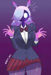 blush bow_tie breasts clothed clothing curvy_figure female fully_clothed hair hourglass_figure long_hair purple_body simple_background suit surprise thick_thighs wide_eyed wide_hips unknown_artist epic_games fortnite tarr_(fortnite) digital_creature humanoid